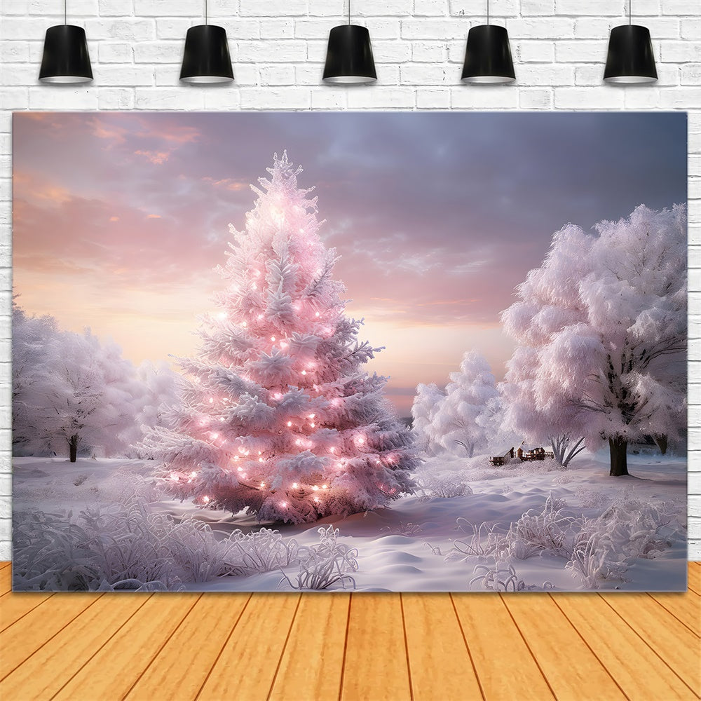 Toile de fond de Merveille de Neige avec Arbres de Noël Roses RR7-850