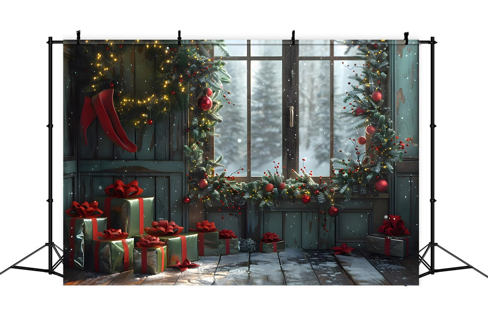 Toile de fond de Fenêtre avec Boîtes de Cadeaux de Noël RR7-854