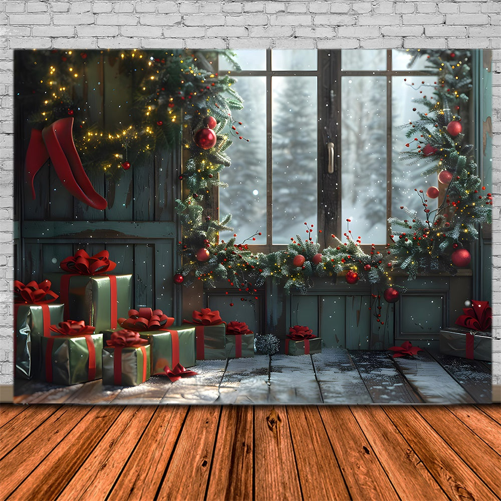 Toile de fond de Fenêtre avec Boîtes de Cadeaux de Noël RR7-854