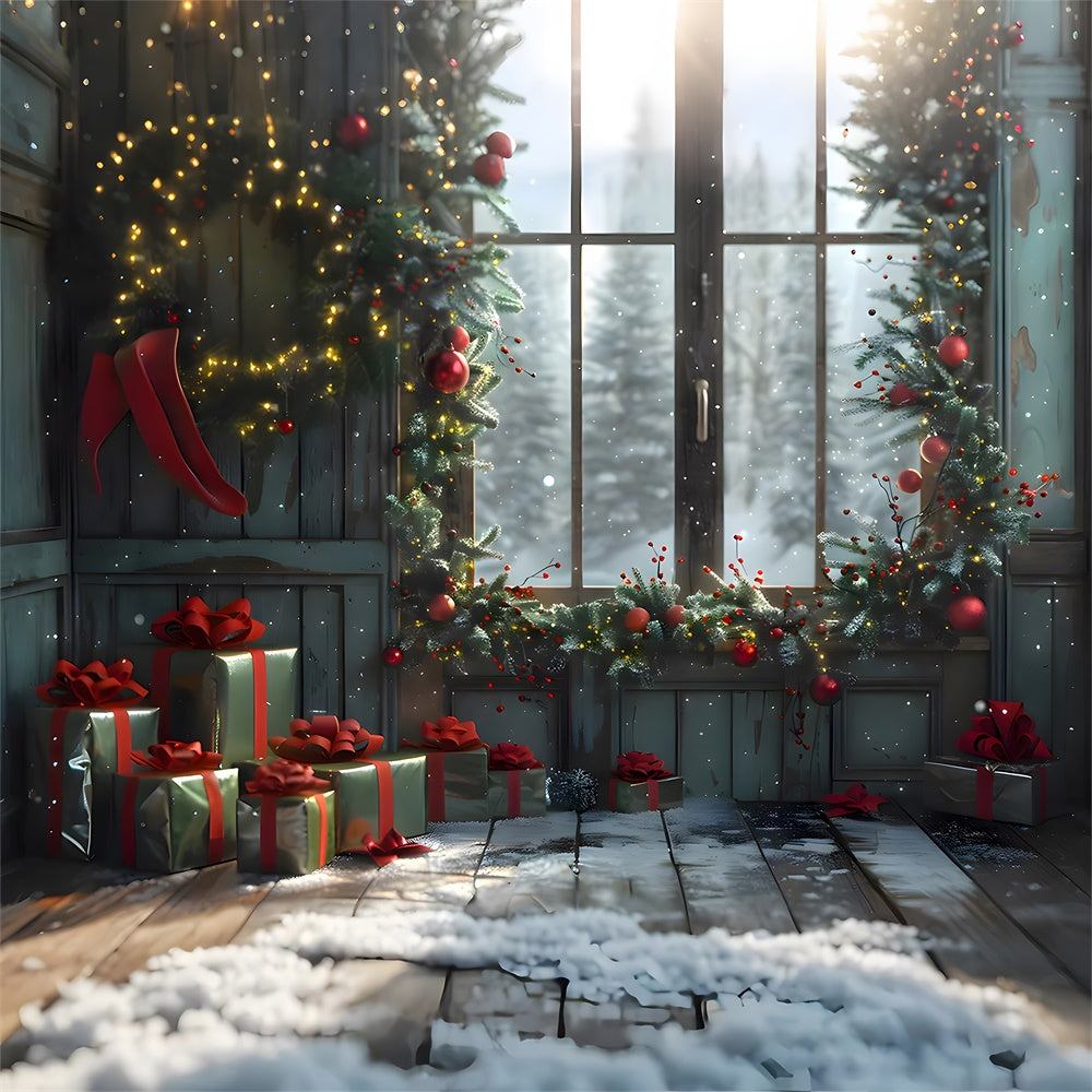 Toile de fond de Fenêtre avec Boîtes de Cadeaux de Noël RR7-854