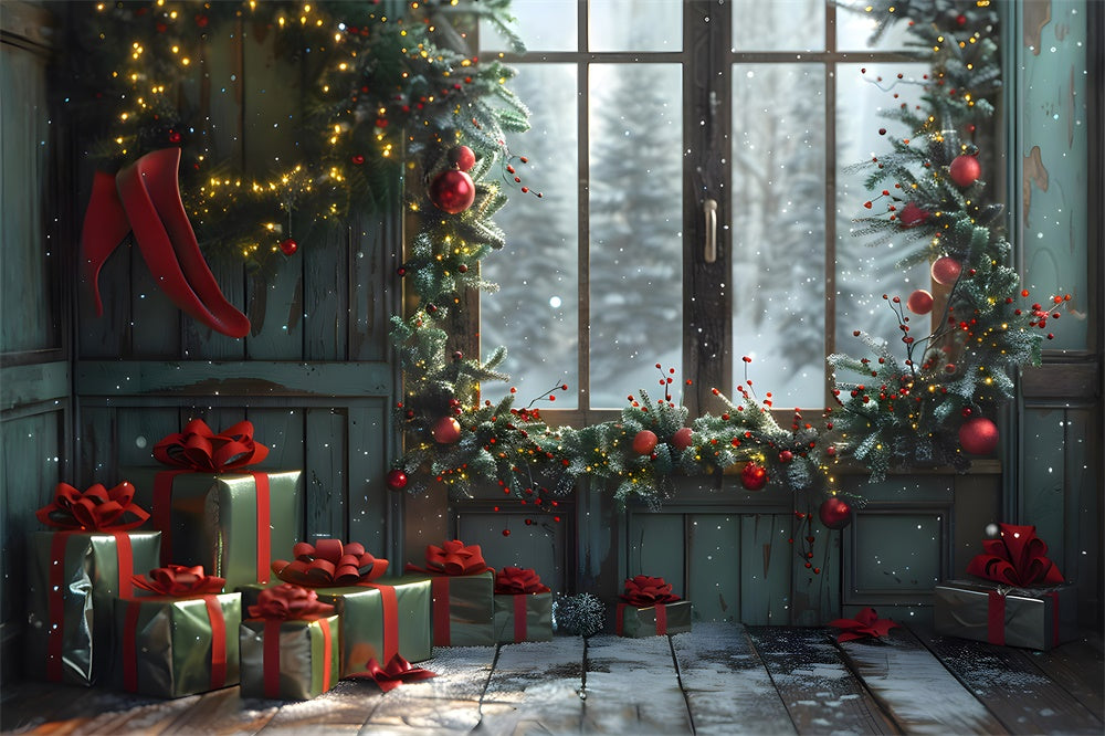 Toile de fond de Fenêtre avec Boîtes de Cadeaux de Noël RR7-854