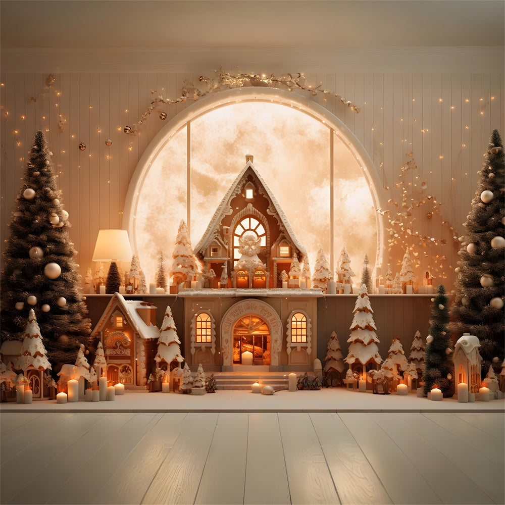 Toile de fond de Maisons en Pain d'Épice avec Arbres de Noël RR7-855
