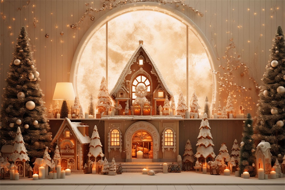 Toile de fond de Maisons en Pain d'Épice avec Arbres de Noël RR7-855