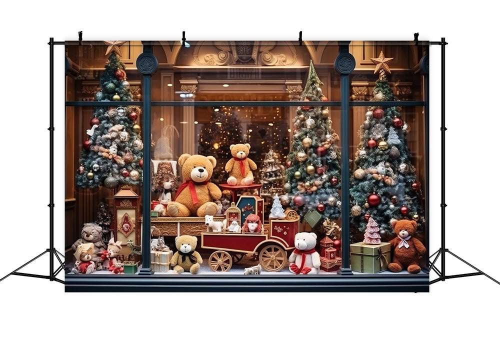 Toile de fond de Magasin de Jouets avec Arbre de Noël et Ours RR7-856