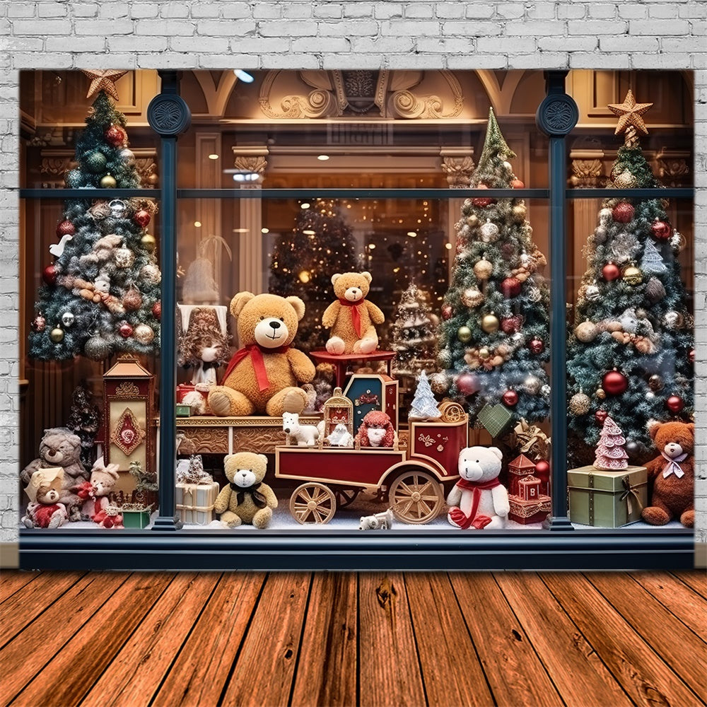 Toile de fond de Magasin de Jouets avec Arbre de Noël et Ours RR7-856