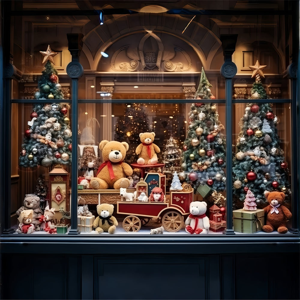 Toile de fond de Magasin de Jouets avec Arbre de Noël et Ours RR7-856