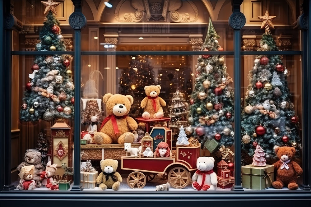 Toile de fond de Magasin de Jouets avec Arbre de Noël et Ours RR7-856