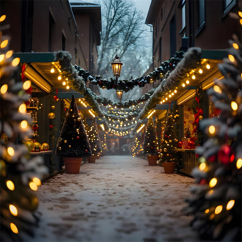 Toile de fond de Rue Neigeuse avec Arbre de Noël Lumineux RR7-858