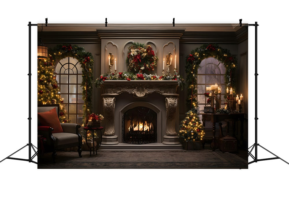 Toile de fond de Salon avec Cheminée et Couronne de Noël RR7-861