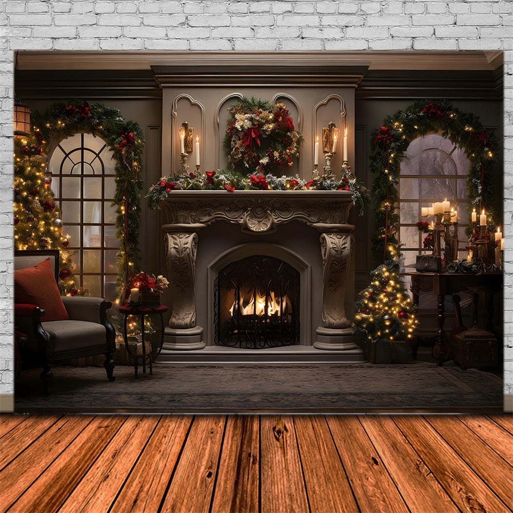 Toile de fond de Salon avec Cheminée et Couronne de Noël RR7-861