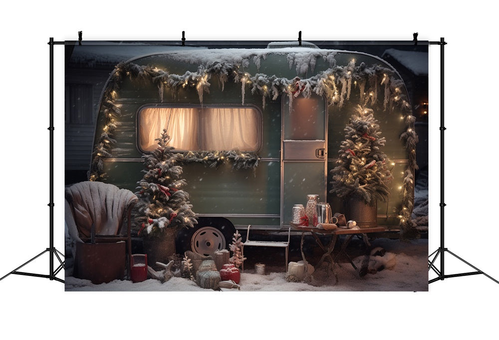 Toile de fond de Camper Vert avec Arbre de Noël Neigeux RR7-862
