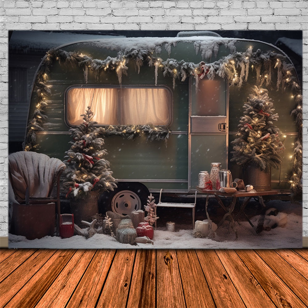 Toile de fond de Camper Vert avec Arbre de Noël Neigeux RR7-862