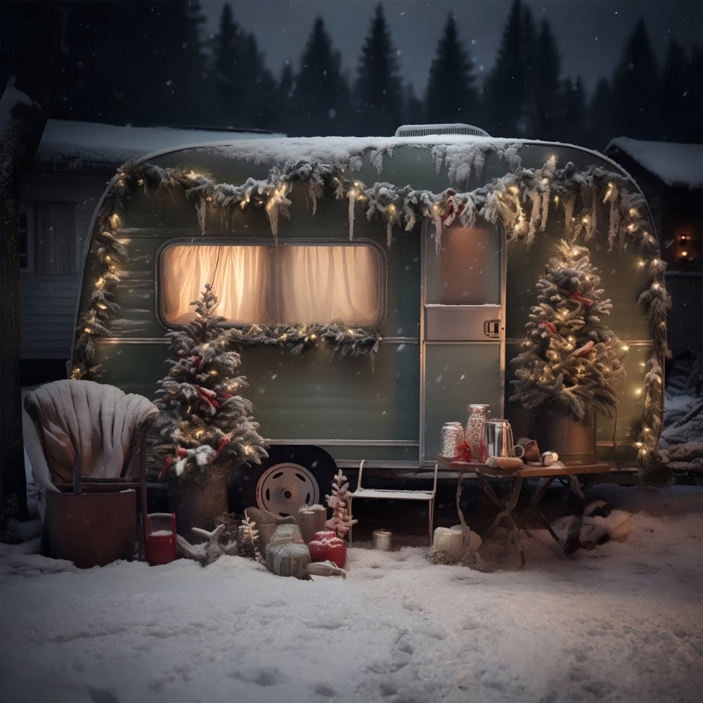Toile de fond de Camper Vert avec Arbre de Noël Neigeux RR7-862