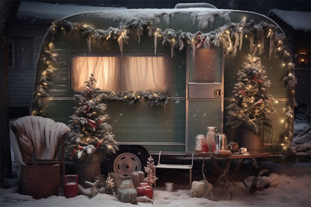 Toile de fond de Camper Vert avec Arbre de Noël Neigeux RR7-862