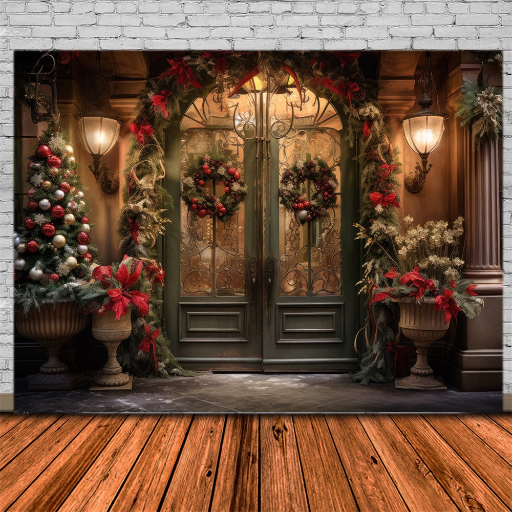 Toile de fond de Porte avec Guirlande et Arbre de Noël RR7-863