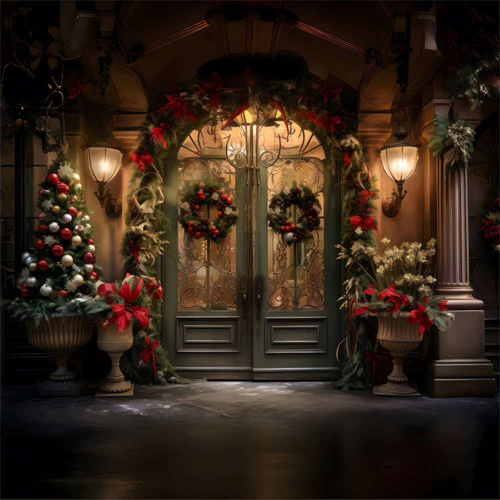 Toile de fond de Porte avec Guirlande et Arbre de Noël RR7-863