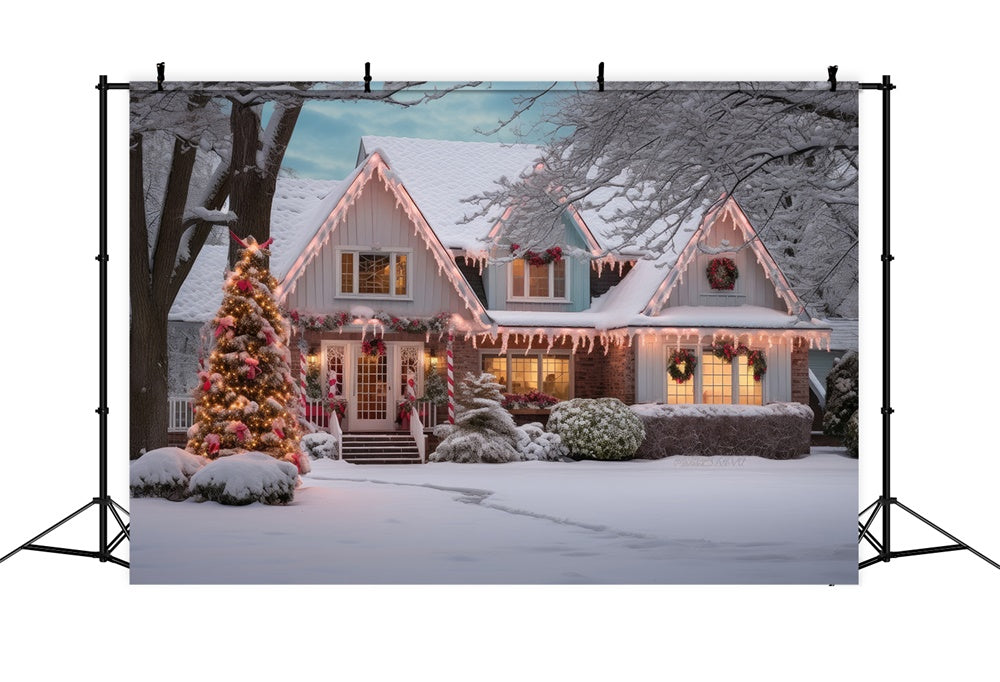 Toile de fond de Maison avec Arbre de Noël et Merveille de Neige RR7-868