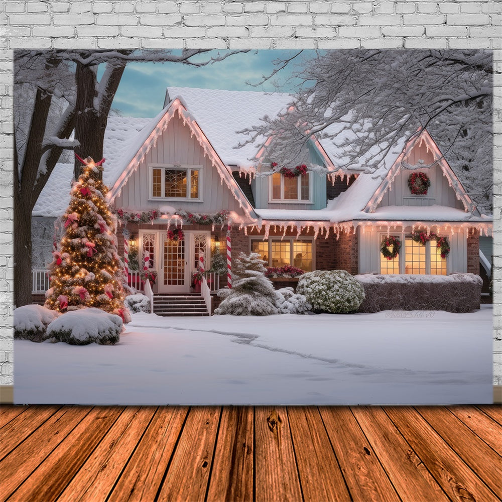 Toile de fond de Maison avec Arbre de Noël et Merveille de Neige RR7-868