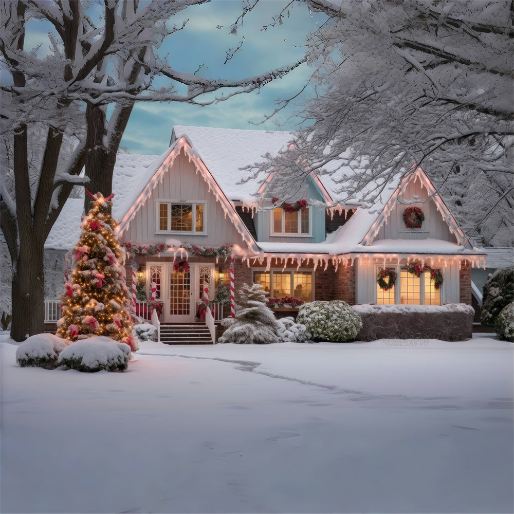 Toile de fond de Maison avec Arbre de Noël et Merveille de Neige RR7-868