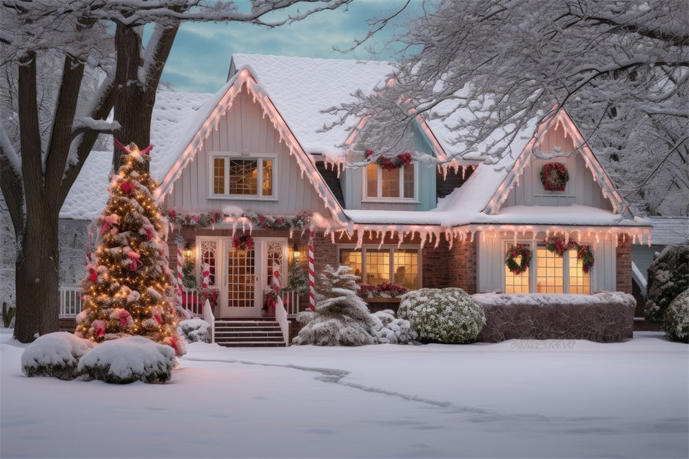Toile de fond de Maison avec Arbre de Noël et Merveille de Neige RR7-868