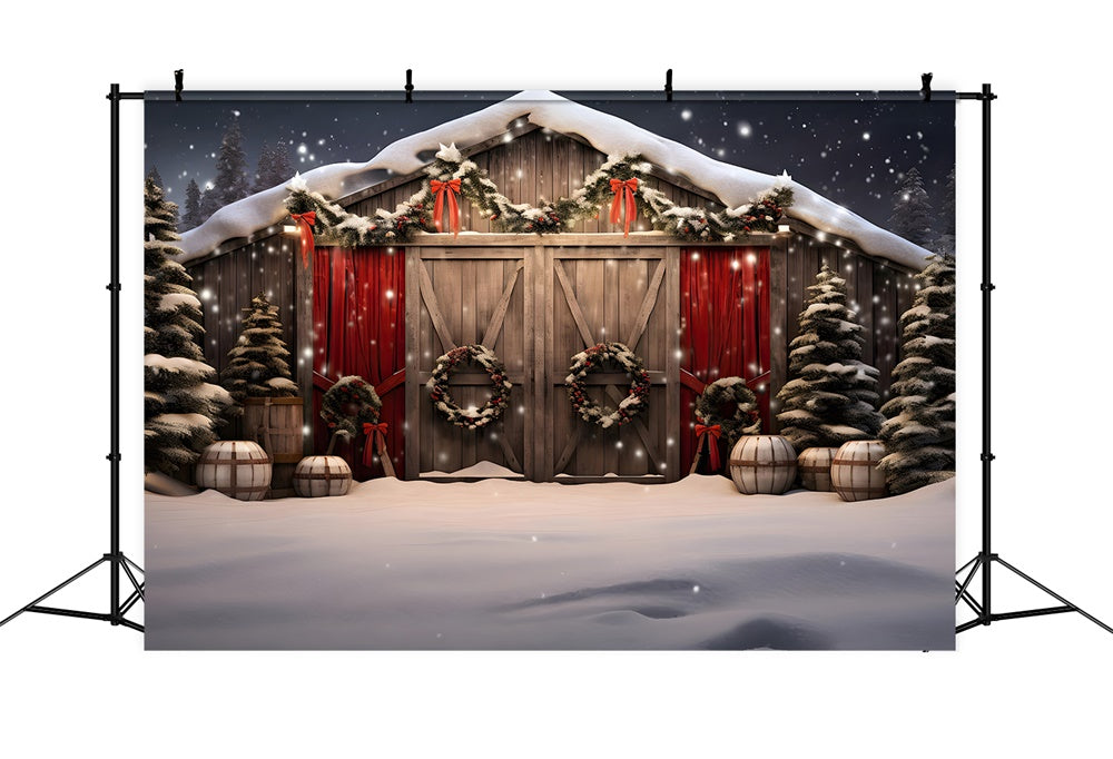 Toile de fond de Maison en Bois avec Arbre de Noël Neigeux RR7-870