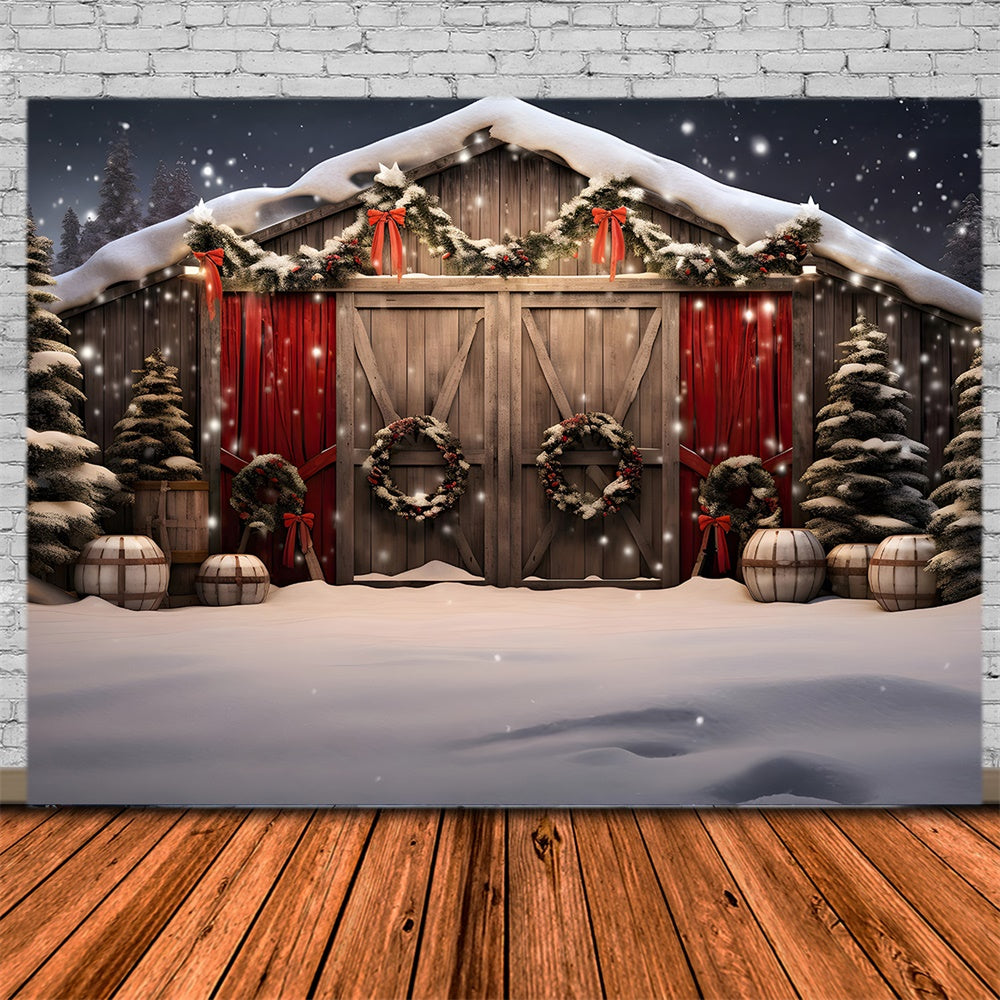 Toile de fond de Maison en Bois avec Arbre de Noël Neigeux RR7-870