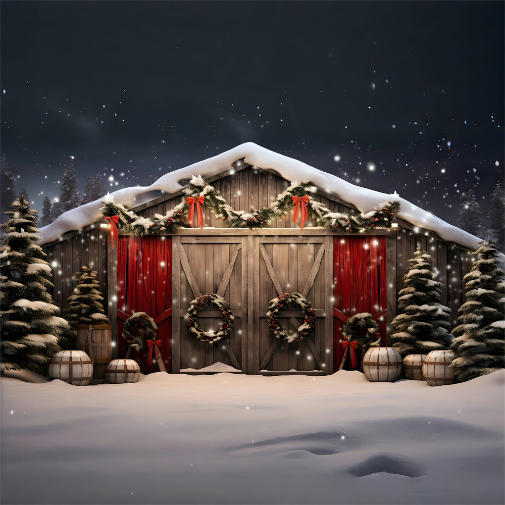 Toile de fond de Maison en Bois avec Arbre de Noël Neigeux RR7-870