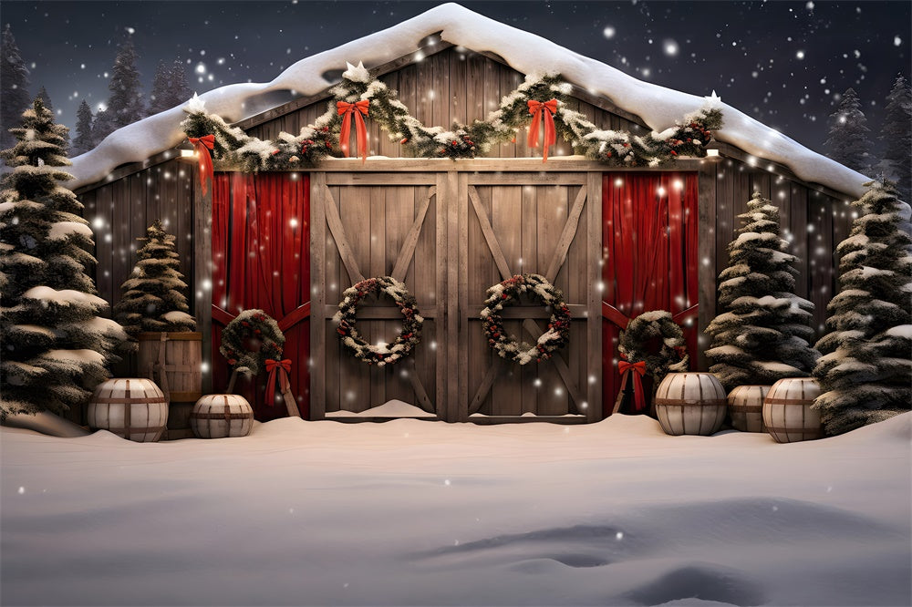 Toile de fond de Maison en Bois avec Arbre de Noël Neigeux RR7-870