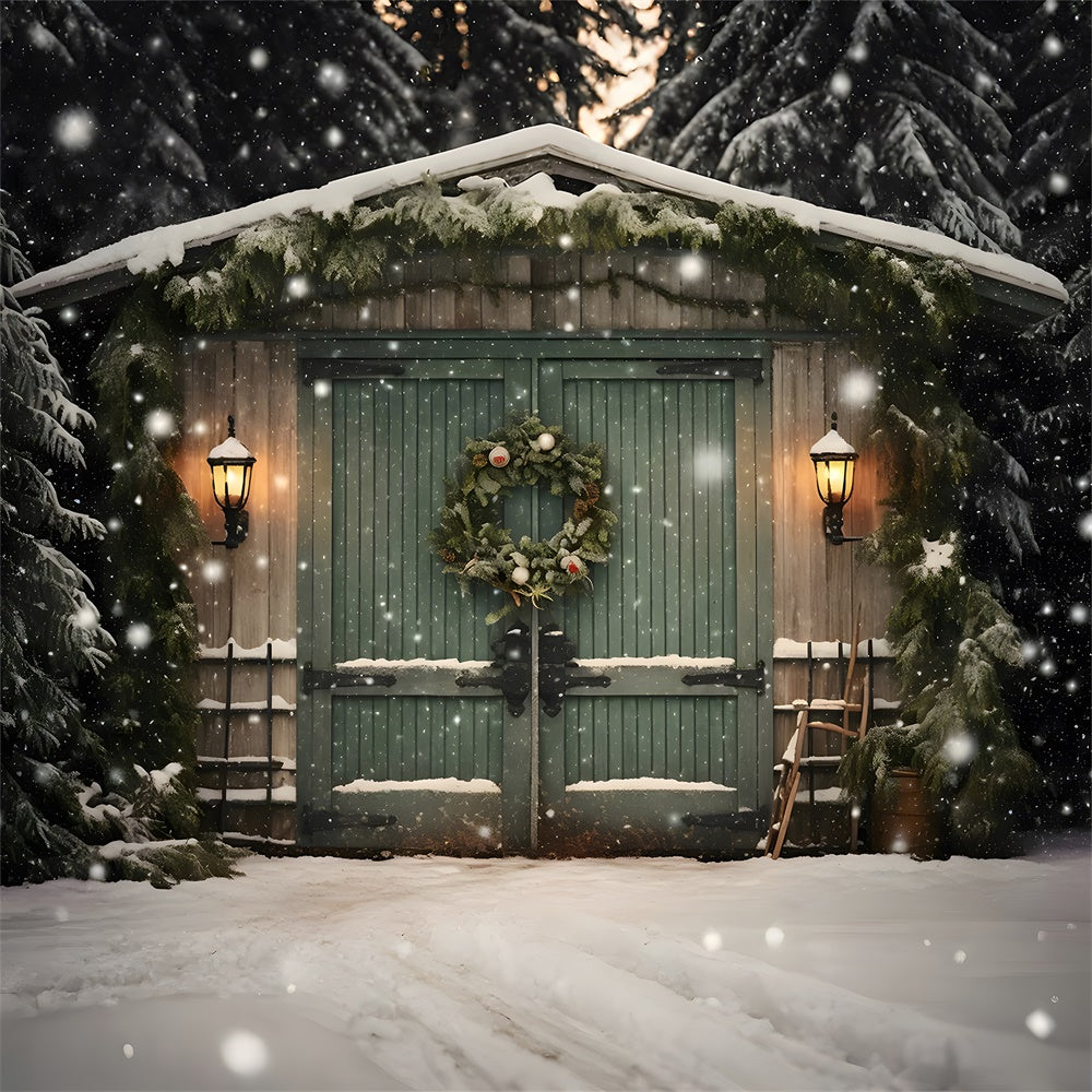 Toile de fond de Cabane avec Flocon de Neige et Arbre de Noël RR7-871