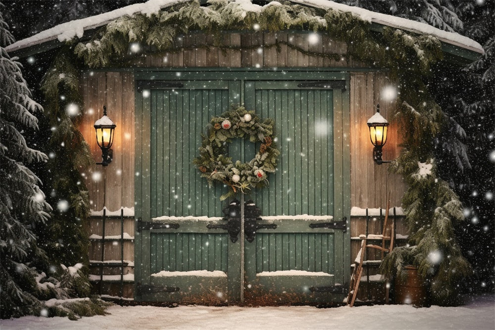 Toile de fond de Cabane avec Flocon de Neige et Arbre de Noël RR7-871