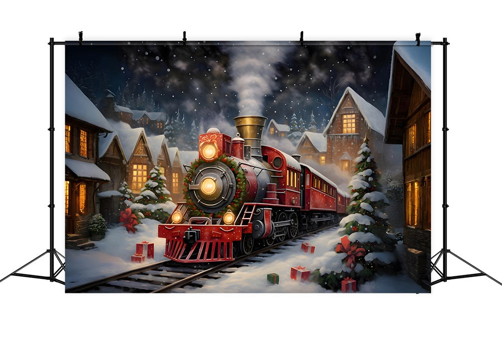 Toile de fond de Nuit avec Train et Maisons de Noël RR7-876