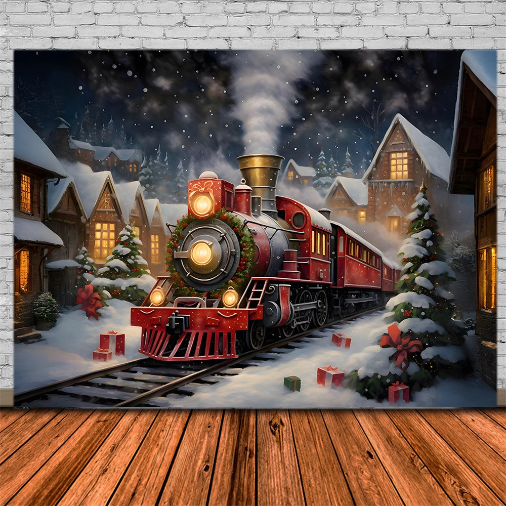 Toile de fond de Nuit avec Train et Maisons de Noël RR7-876