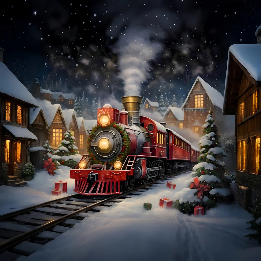Toile de fond de Nuit avec Train et Maisons de Noël RR7-876