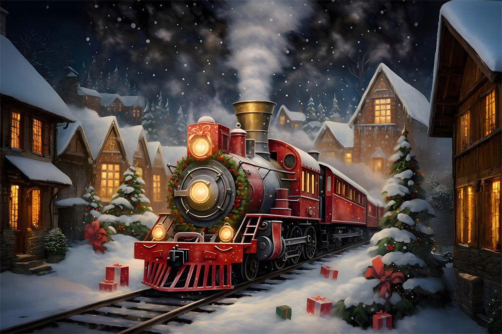 Toile de fond de Nuit avec Train et Maisons de Noël RR7-876