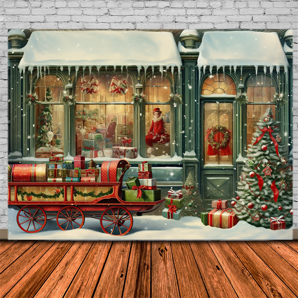 Toile de fond de Magasin avec Traîneau et Père Noël RR7-877
