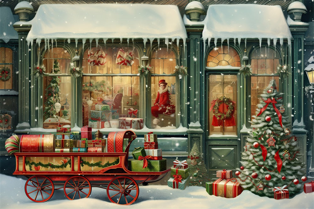 Toile de fond de Magasin avec Traîneau et Père Noël RR7-877