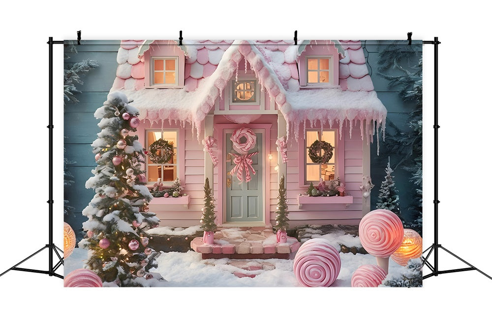 Toile de fond de Maison en Bonbons avec Arbre de Noël Rose RR7-878