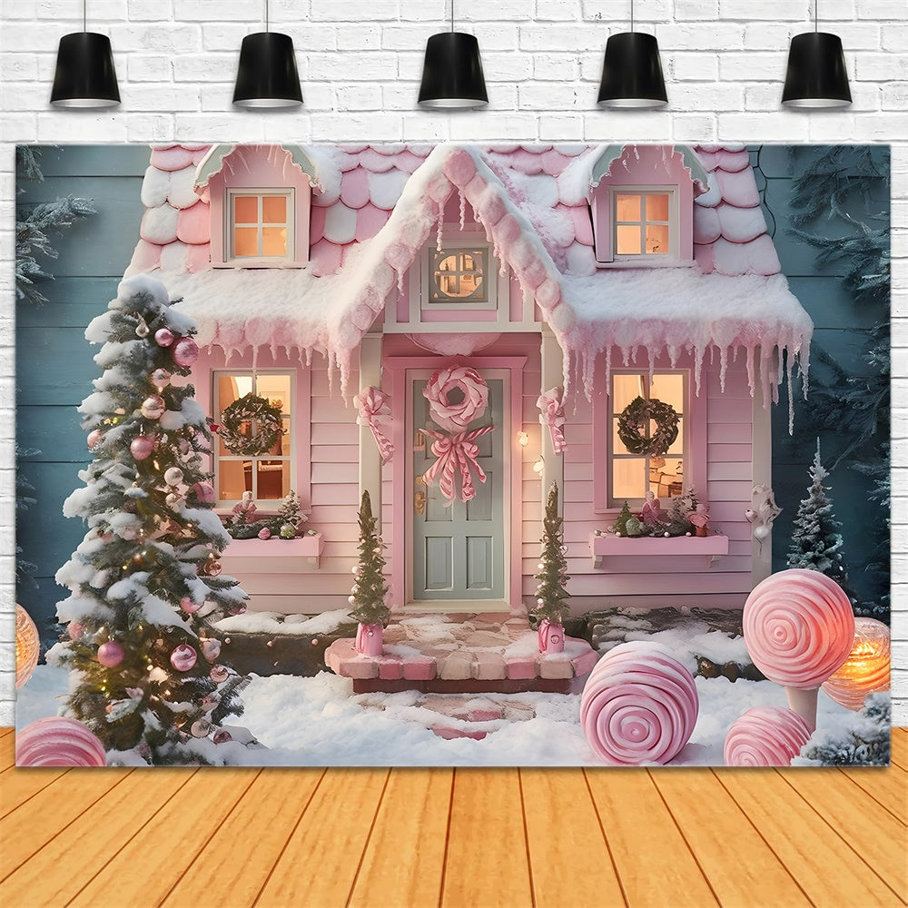 Toile de fond de Maison en Bonbons avec Arbre de Noël Rose RR7-878