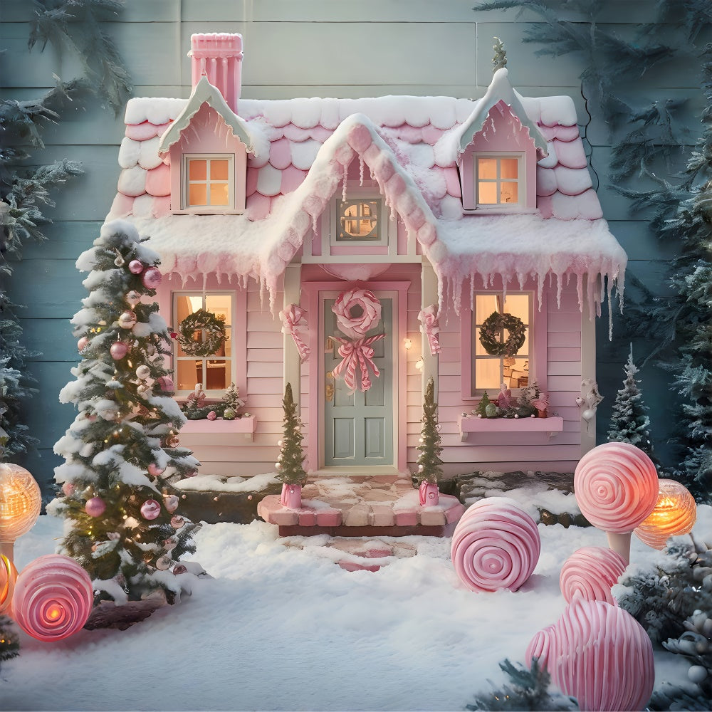 Toile de fond de Maison en Bonbons avec Arbre de Noël Rose RR7-878