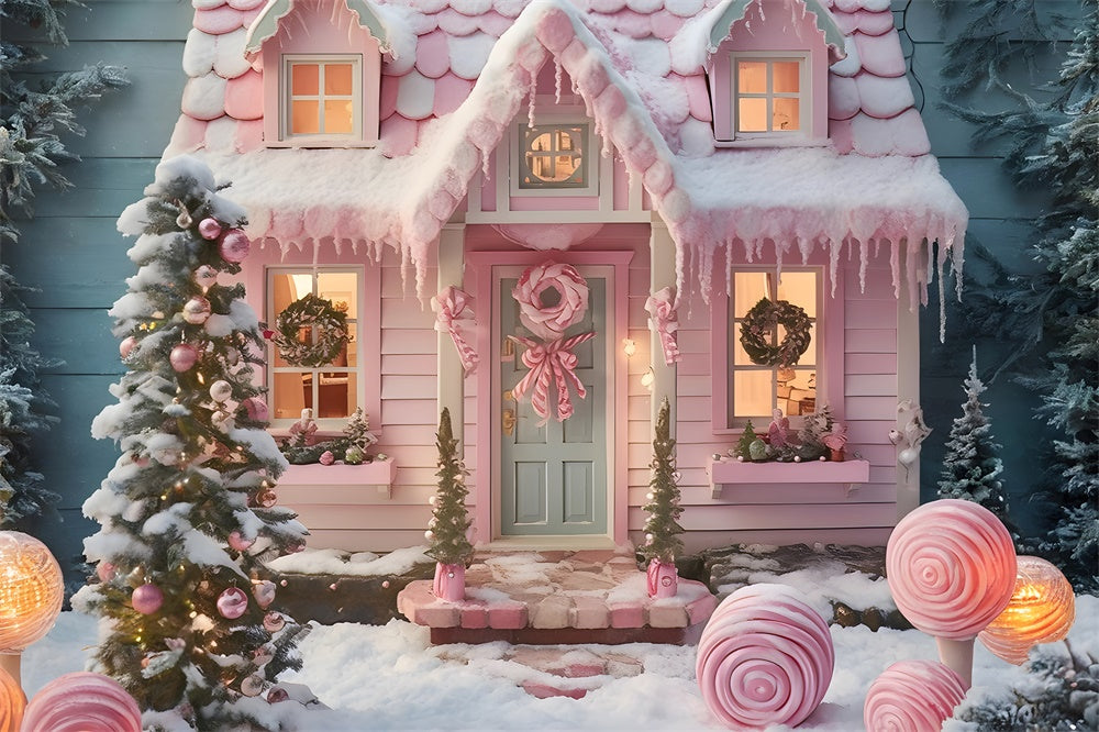 Toile de fond de Maison en Bonbons avec Arbre de Noël Rose RR7-878