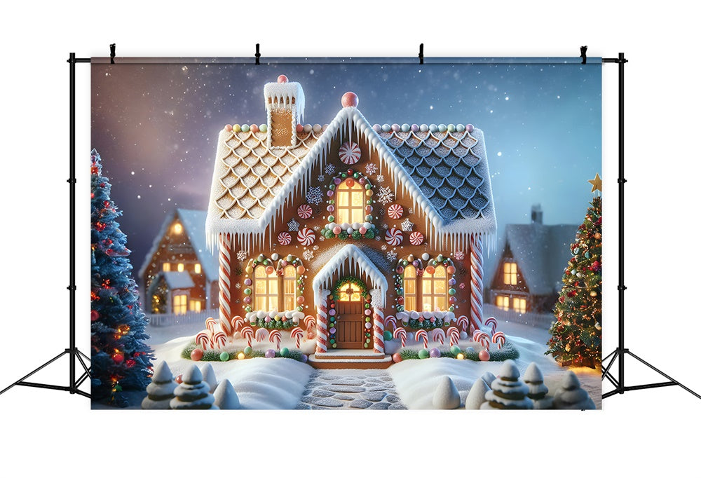 Toile de fond de Maison en Pain d'Épice avec Canne en Sucre de Noël RR7-880