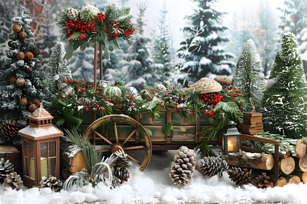 Toile de fond Sapins de Noël Pommes de Pin Hiver Neige RR8-1