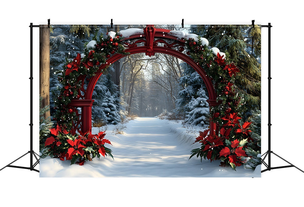 Toile de fond Fleurs de Poinsettia Sapins Enneigés de Noël RR8-100
