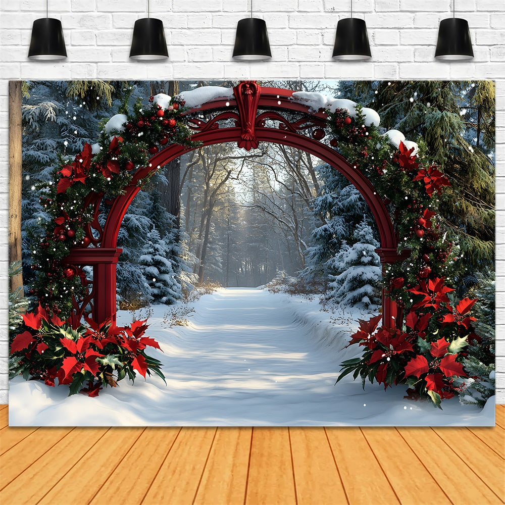 Toile de fond Fleurs de Poinsettia Sapins Enneigés de Noël RR8-100