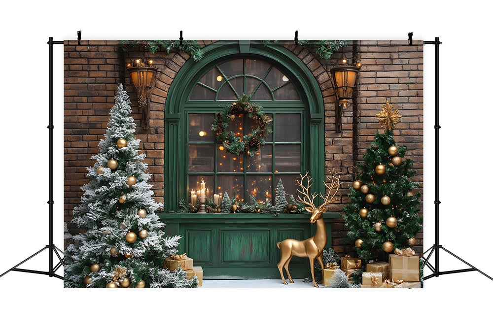 Toile de fond Sapin Couronne Fenêtre et Renne de Noël RR8-103