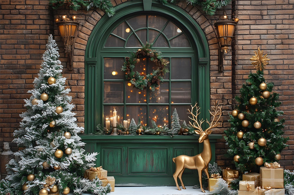 Toile de fond Sapin Couronne Fenêtre et Renne de Noël RR8-103