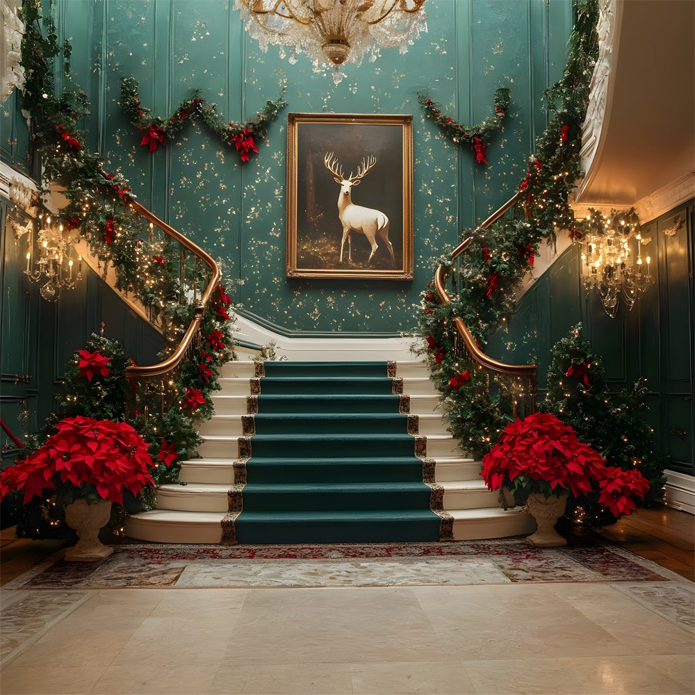 Toile de fond Escalier Vert Chambre Rétro de Noël RR8-105