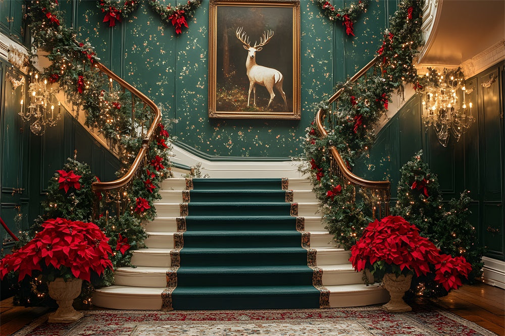 Toile de fond Escalier Vert Chambre Rétro de Noël RR8-105