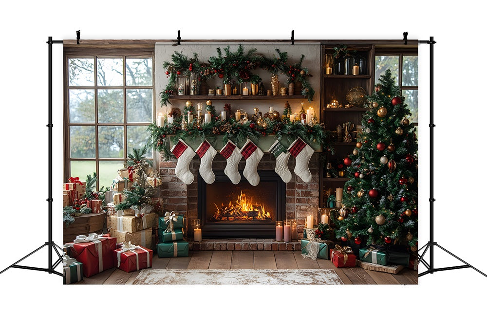 Toile de fond Sapin et Chaussettes Cheminée de Noël RR8-111