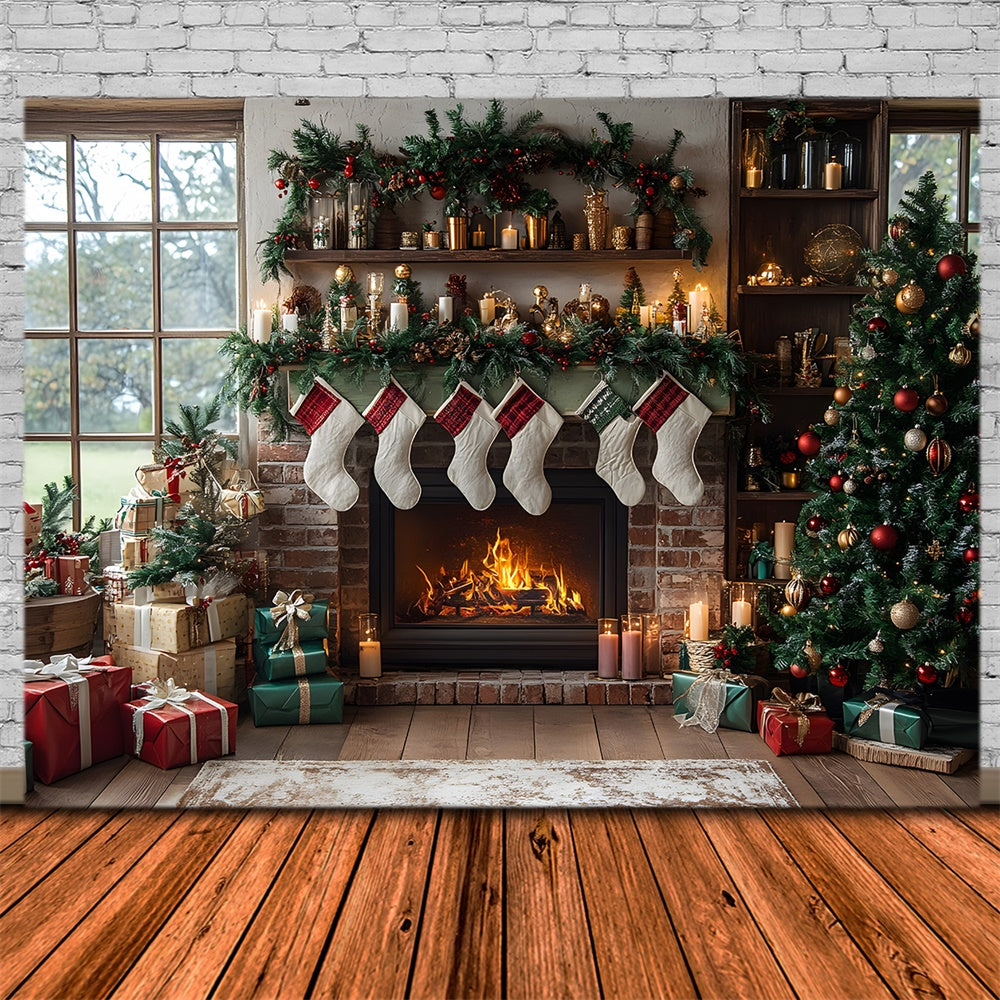 Toile de fond Sapin et Chaussettes Cheminée de Noël RR8-111